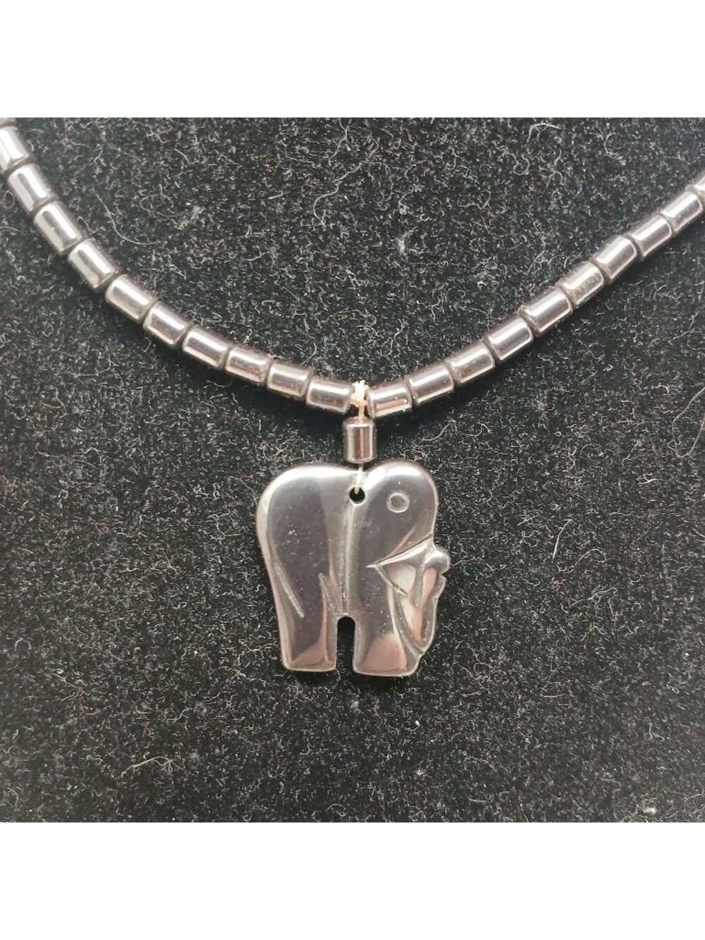 Hematite Beaded Necklace With Elephant Pendant Barrel Clasp 16" Long #G-4